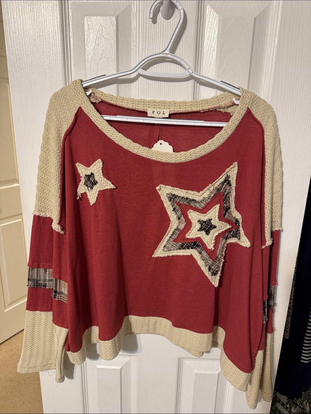POL Rust Red & Cream Patriotic Star Patch Pullover Sweater